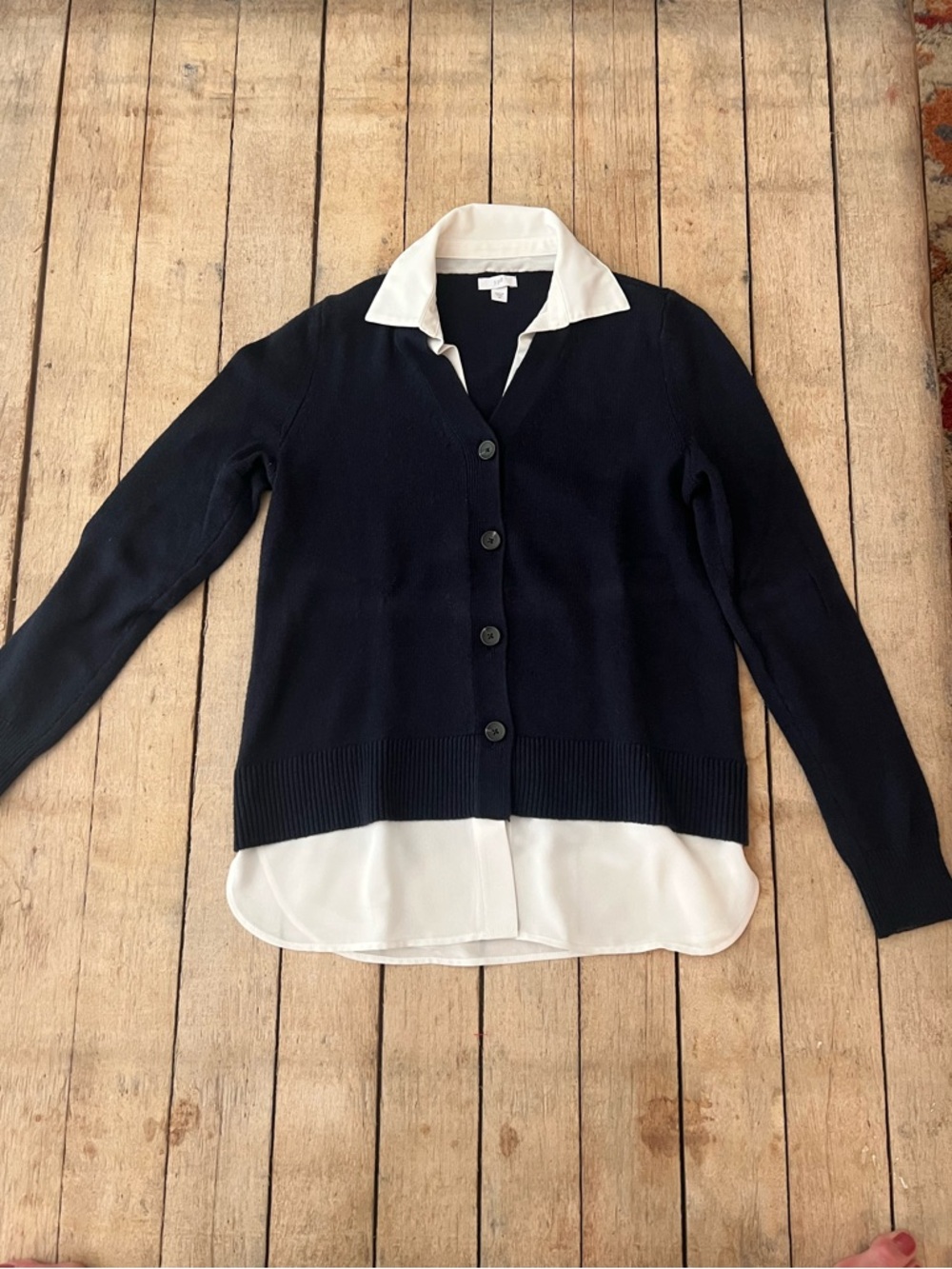 Navy and White “Multi Media” Layered Knit Cardigan